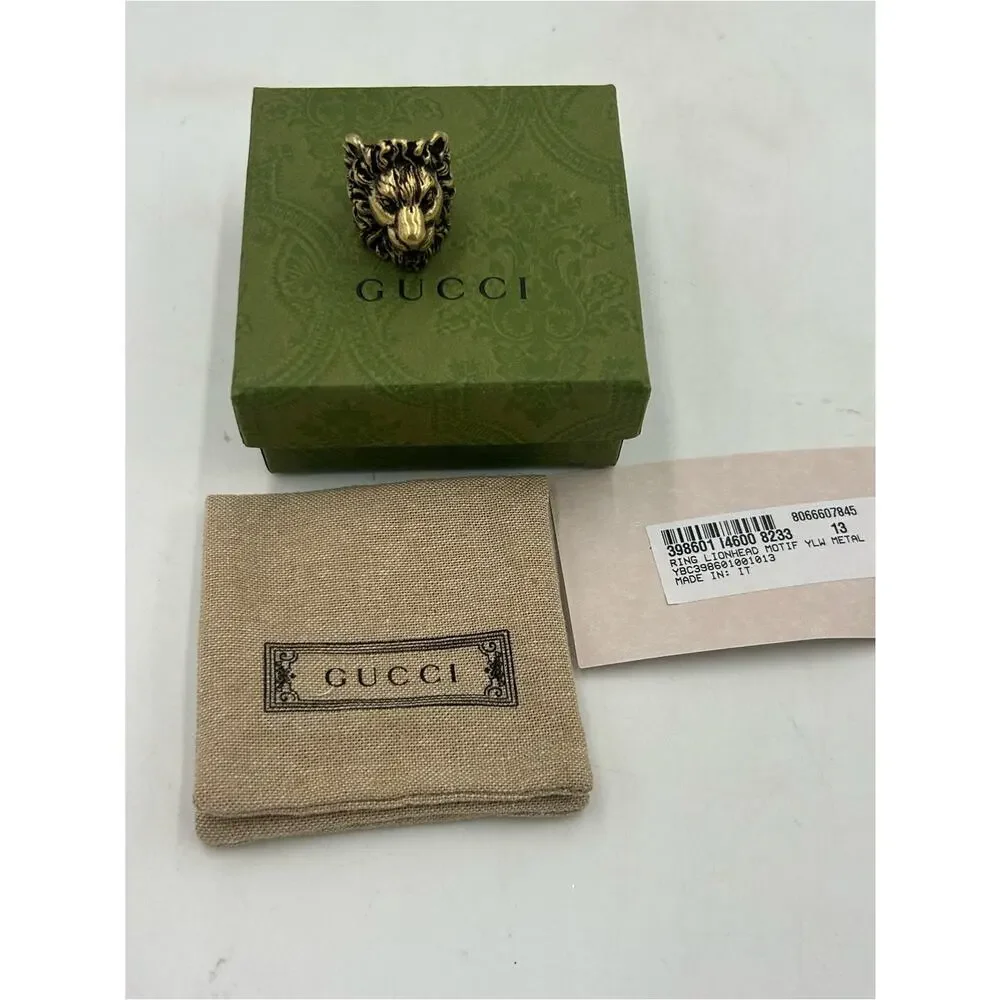 Unisex Gucci, iconic Lionhead ring gold tone brass finish size 6, made Italy